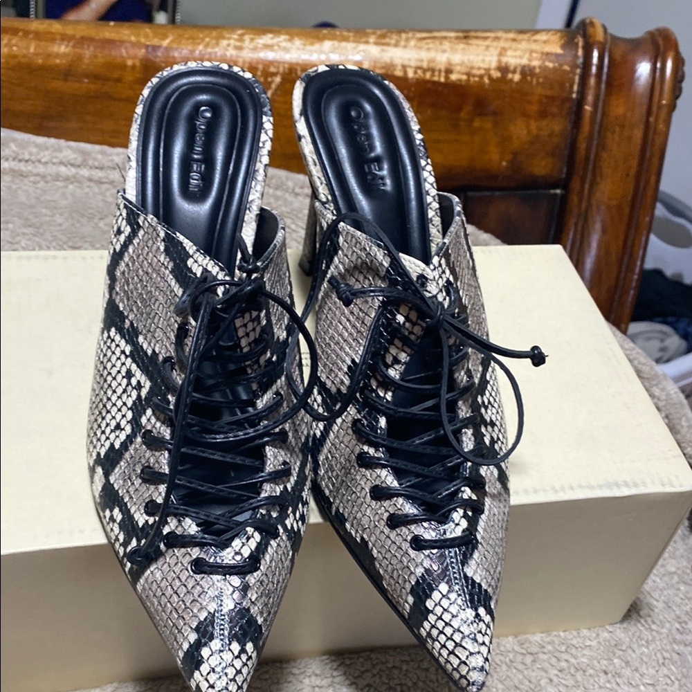 Black and Cream Lace-Up Mules with Snakeskin Pattern